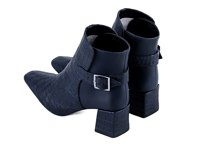 Navy blue women's ankle boots with buckles at the back. Square toe. Medium block heels. Rear view - Florence KOOIJMAN